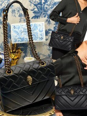 🆕 KURT GEIGER LONDON 🧿 NWOT Leather Kensington Shoulder Bag, Black & Gold Hdw